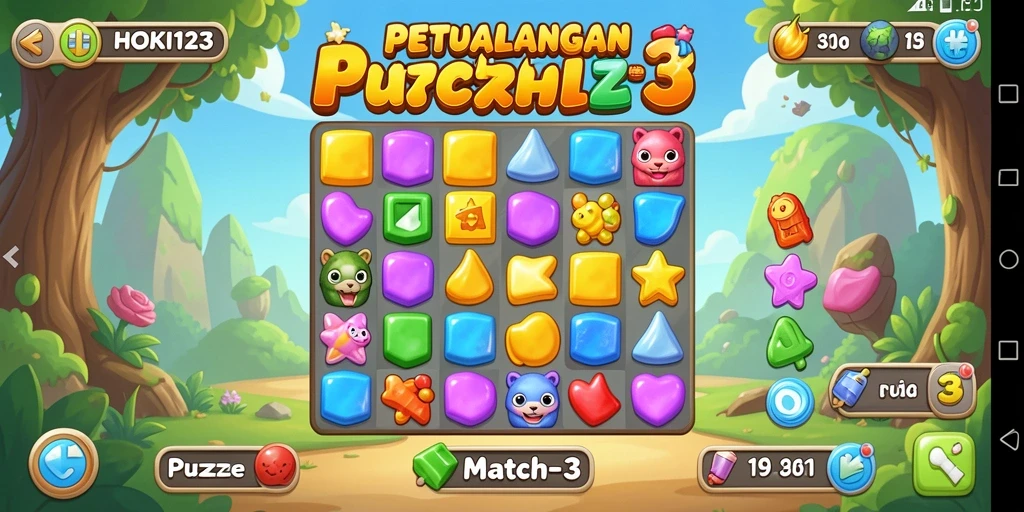 Tampilan antarmuka HOKI123 dengan berbagai objek match-3 yang menarik.
