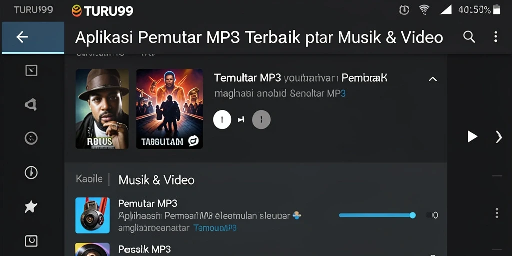 Screenshot utama TURU99 menampilkan antarmuka Pemutar MP3 yang menarik.